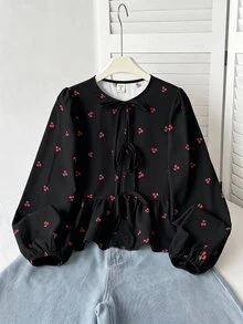 青少年女孩杏色長袖襯衫，寬鬆休閒時尚百搭日常款，返校季秋冬適用 - 黑色 - 查看 1