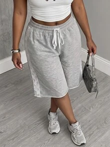 Slaydiva Plus Size Women's Lace Patchwork Drawstring Waist Casual Capri Pants - Grey - View 4