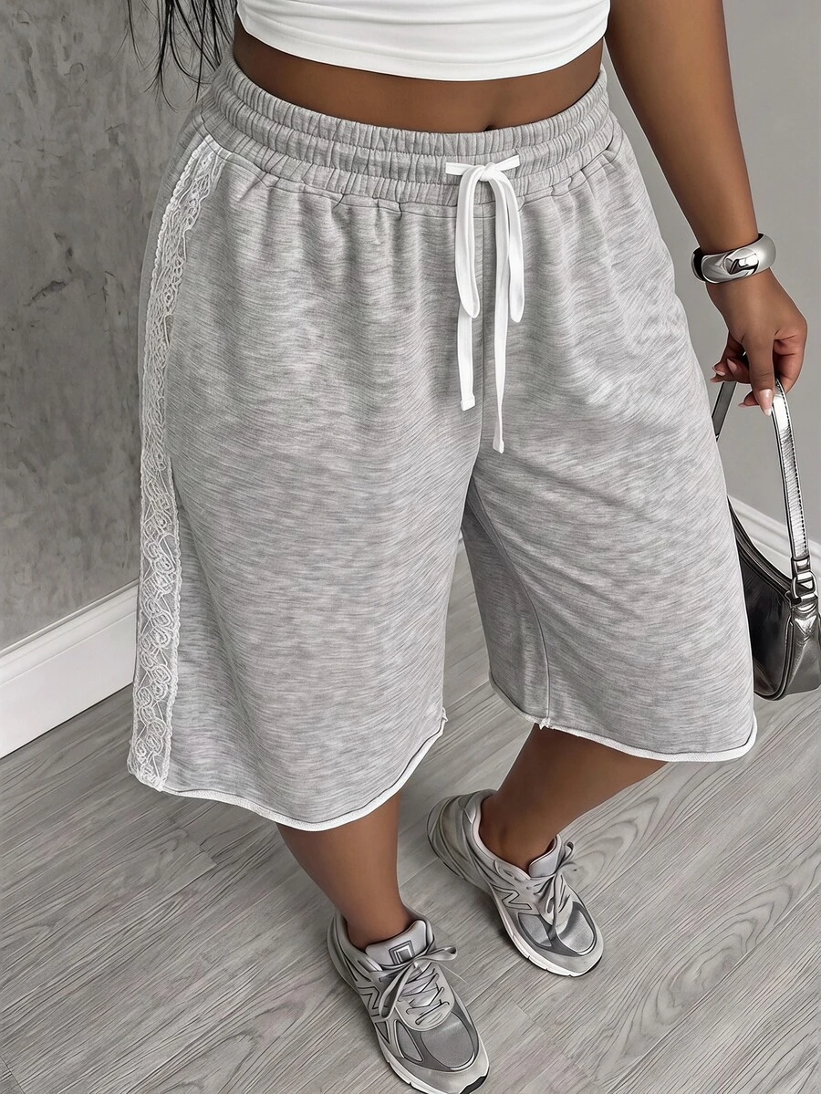 Slaydiva Plus Size Women's Lace Patchwork Drawstring Waist Casual Capri Pants - Grey - View 1