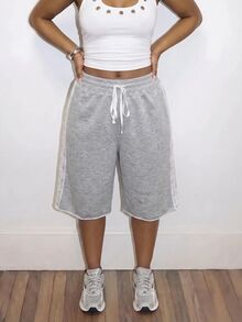 Slaydiva Plus Size Women's Lace Patchwork Drawstring Waist Casual Capri Pants - Grey - View 3