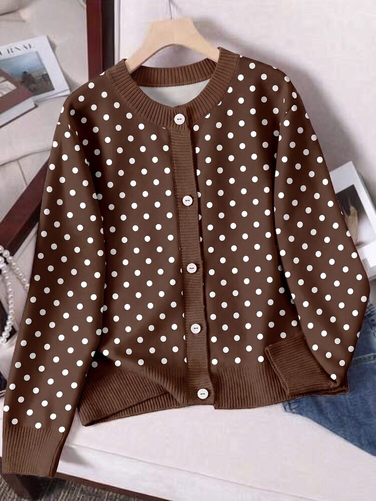 Franclia Fashion Casual Vintage Round Neck Coffee & White Polka Dot Print Basic Button Front Cardigan Plus Size - Multicolor - View 1