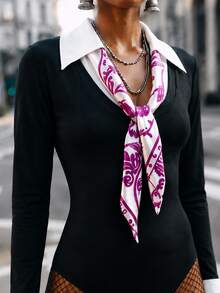 Zerodot Bodysuit Wanita Elegan Hitam dengan Detail Syal dan Kerah Kontras untuk Pesta, Jalan-jalan Musim Semi dan Gugur - Hitam - View 3