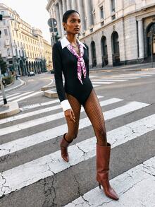Zerodot Bodysuit Wanita Elegan Hitam dengan Detail Syal dan Kerah Kontras untuk Pesta, Jalan-jalan Musim Semi dan Gugur - Hitam - View 1