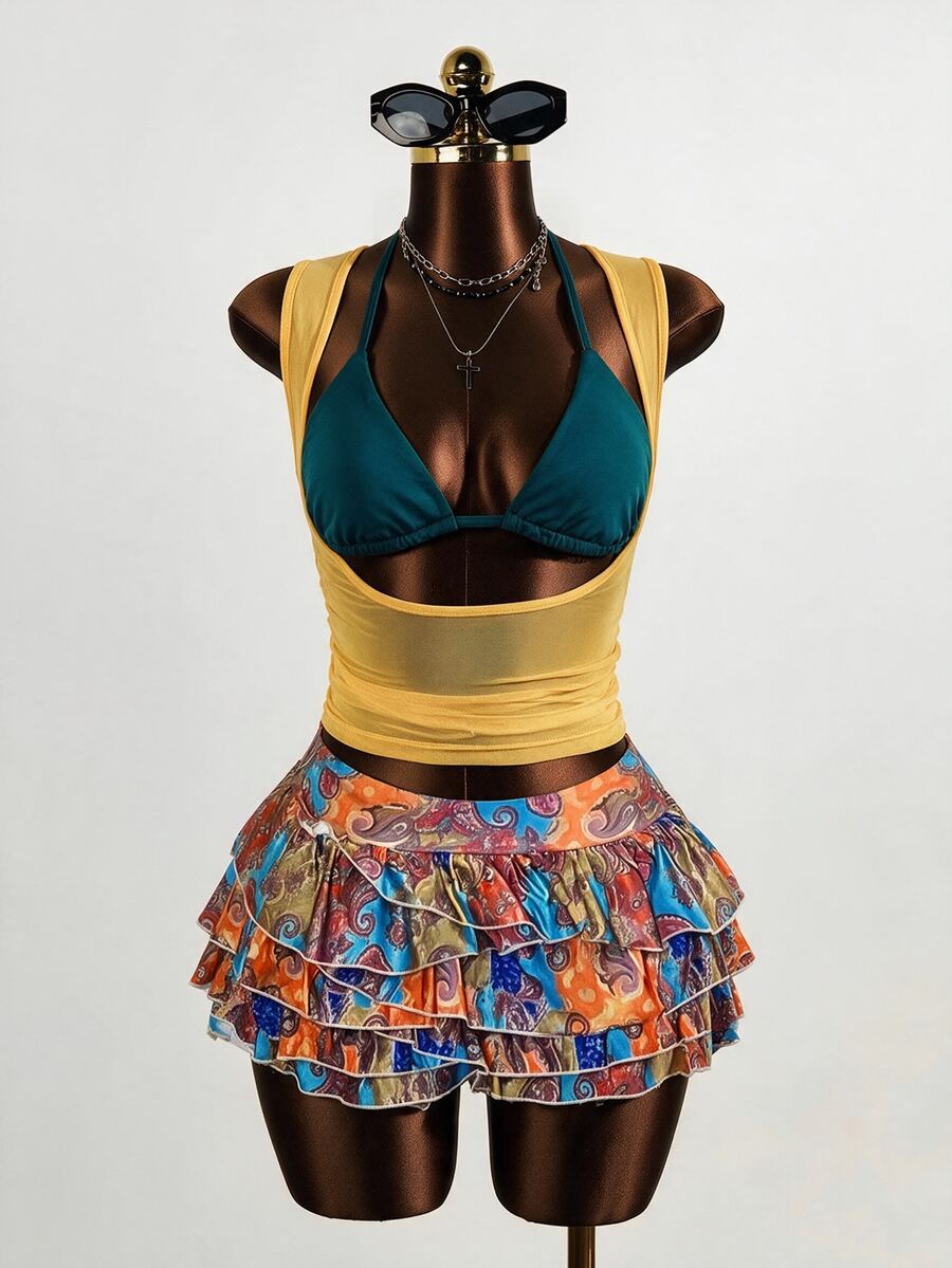 Mistrie Women's Contrast Color Hollow Sheer 2 In 1 Short Sleeve Top,Teal Golden Yellow,Summer,Techno,Club Night,Rave Y2k Sexy Crop Tops Night Out Club