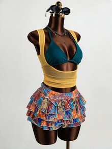 Mistrie Women's Contrast Color Hollow Sheer 2 In 1 Short Sleeve Top,Teal Golden Yellow,Summer,Techno,Club Night,Rave Y2k Sexy Crop Tops Night Out Club - Multicolor - View 5