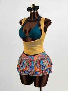Mistrie Women's Contrast Color Hollow Sheer 2 In 1 Short Sleeve Top,Teal Golden Yellow,Summer,Techno,Club Night,Rave Y2k Sexy Crop Tops Night Out Club - Multicolor - View 4