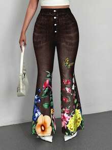 Maweii 大尺碼女款仿牛仔花卉蝴蝶印花休閒喇叭褲 秋季 - 巧克力棕 - 查看 3