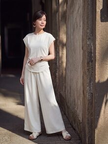 Yumoku Casual Minimalist Women's Summer Solid Color Cap Sleeve Top And Long Pants Set Vacation Beige - Apricot - View 5