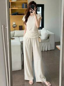 Yumoku Casual Minimalist Women's Summer Solid Color Cap Sleeve Top And Long Pants Set Vacation Beige - Apricot - View 7