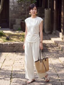 Yumoku Casual Minimalist Women's Summer Solid Color Cap Sleeve Top And Long Pants Set Vacation Beige - Apricot - View 6