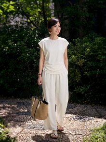 Yumoku Casual Minimalist Women's Summer Solid Color Cap Sleeve Top And Long Pants Set Vacation Beige - Apricot - View 4