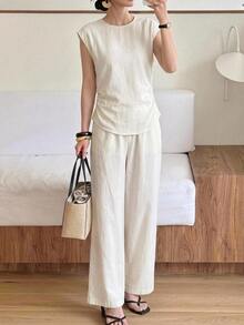 Yumoku Casual Minimalist Women's Summer Solid Color Cap Sleeve Top And Long Pants Set Vacation Beige - Apricot - View 1