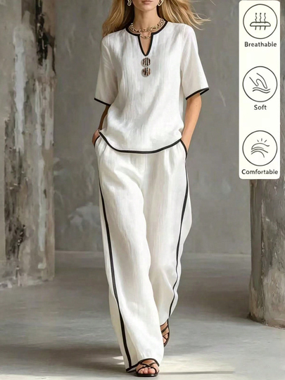SHEIN LUNE CURVE Conjunto de 2 piezas de top de manga 5 y pantalones largos de pierna ancha, estilo francés vintage elegante, tela de lino sintético, ribete de contraste tejido en negro y blanco, decoración de botones vintage, pantalones de pierna ancha sueltos, top elegante para mujer, top casual, pantalones largos elegantes para mujer, pantalones largos de verano para mujer, pantalones largos casuales para mujer,
