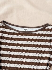 SHEIN ملابس علوية بناتي مراهقات خريفية مخططة باللون البني بأكمام طويلة وحافة متموجة كاجوال للاستخدام اليومي - بني - مشاهدة 4