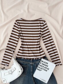 SHEIN ملابس علوية بناتي مراهقات خريفية مخططة باللون البني بأكمام طويلة وحافة متموجة كاجوال للاستخدام اليومي - بني - مشاهدة 3