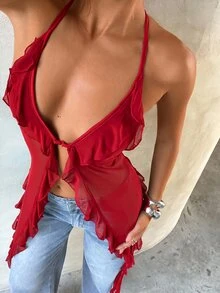 Aloruh Women's Sexy Halter Neck Chiffon Blouse,Summer Top,Red Top - Red - View 6