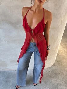 Aloruh Women's Sexy Halter Neck Chiffon Blouse,Summer Top,Red Top - Red - View 5