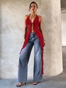 Aloruh Women's Sexy Halter Neck Chiffon Blouse,Summer Top,Red Top - Red - View 3