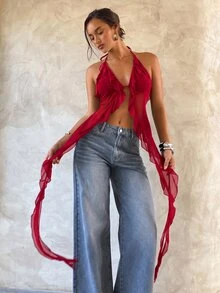 Aloruh Women's Sexy Halter Neck Chiffon Blouse,Summer Top,Red Top - Red - View 7