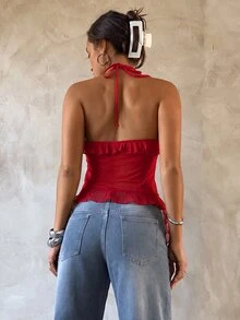 Aloruh Women's Sexy Halter Neck Chiffon Blouse,Summer Top,Red Top - Red - View 2