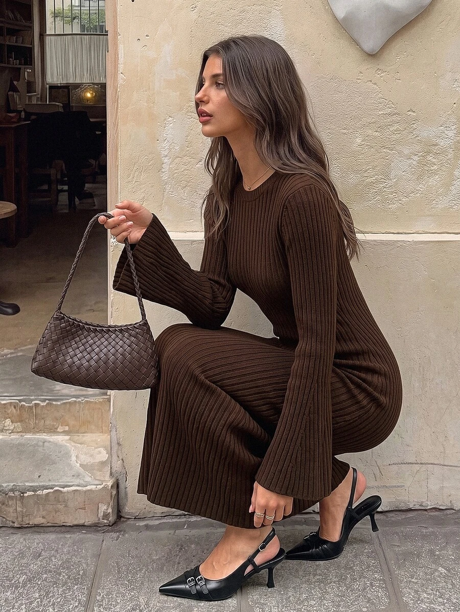 Siren Gaze Women's Wear Flared Sleeve Rib Knit Dress Date Work Dark Brown Winter Casual - Brown - View 1