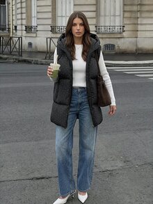 Siren Gaze Women's Black Hooded Puffer Winter Vest With Shiny Rhinestone Detailing - الأسود - مشاهدة 3