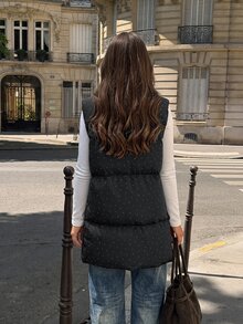 Siren Gaze Women's Black Hooded Puffer Winter Vest With Shiny Rhinestone Detailing - الأسود - مشاهدة 2