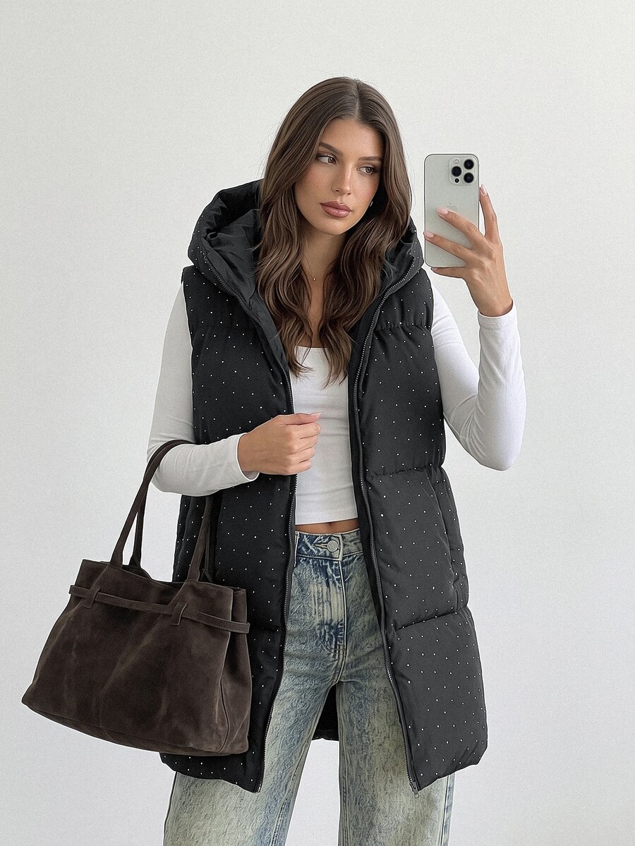 Siren Gaze Women's Black Hooded Puffer Winter Vest With Shiny Rhinestone Detailing - الأسود - مشاهدة 1