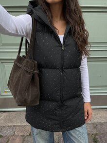 Siren Gaze Women's Black Hooded Puffer Winter Vest With Shiny Rhinestone Detailing - الأسود - مشاهدة 5