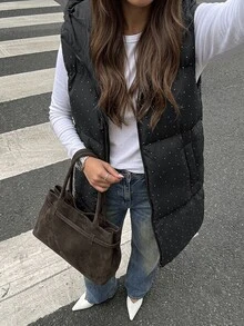 Siren Gaze Women's Black Hooded Puffer Winter Vest With Shiny Rhinestone Detailing - الأسود - مشاهدة 4