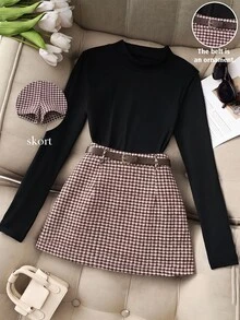 SHEIN Franklia 女款休閒通勤兩件套，黑色長袖針織上衣搭配卡其色紋理裙，適合春秋穿著 - 彩色 - 查看 3