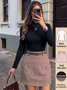 SHEIN Franklia 女款休閒通勤兩件套，黑色長袖針織上衣搭配卡其色紋理裙，適合春秋穿著 - 彩色 - 查看 5