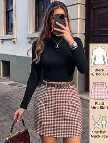 SHEIN Franklia 女款休閒通勤兩件套，黑色長袖針織上衣搭配卡其色紋理裙，適合春秋穿著 - 彩色 - 查看 4
