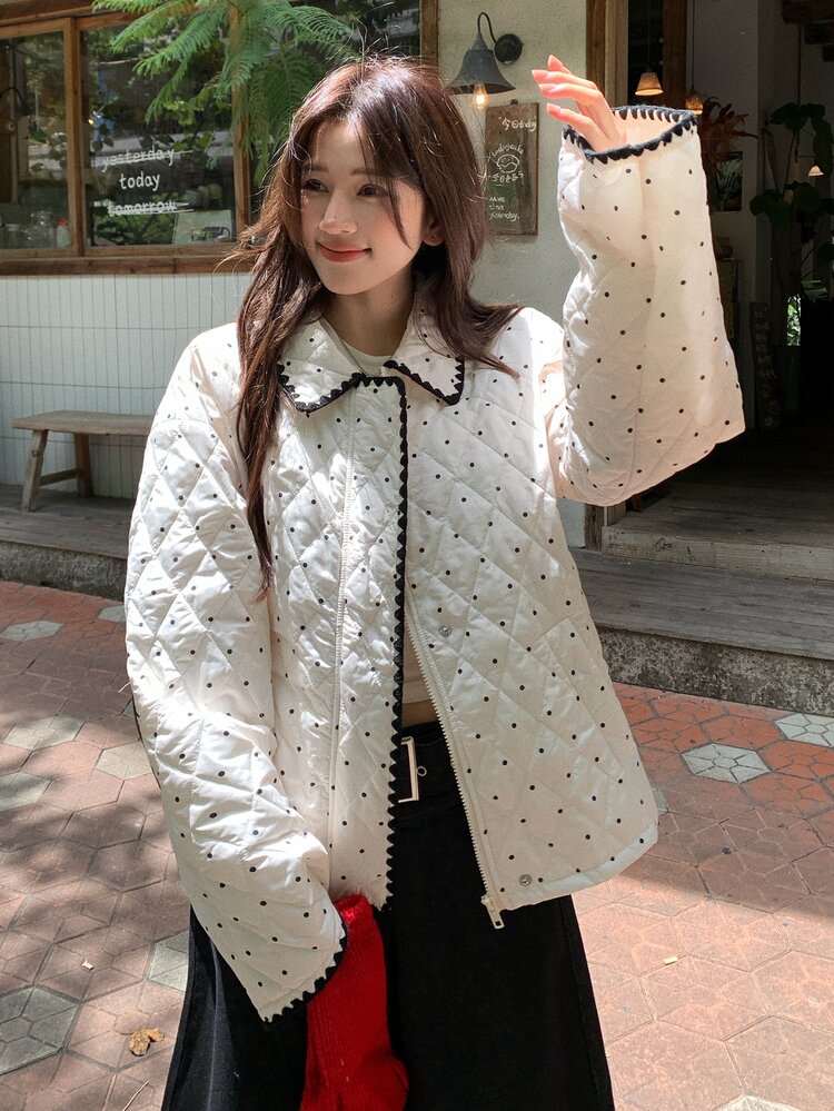 DAZY 女款休閒波點印花夾克，秋冬款 - 白色 - 查看 6