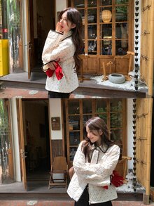 DAZY Women's Casual Polka Dot Print Jacket, Autumn/Winter - White - View 8