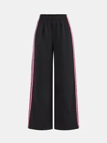 SHEIN Tween Girl Tween Girl Tween Girl Tween Girls Black Contrast Pink Webbing Loose Long Pants, Spring/Summer New Versatile Casual Streetwear - Black - View 4