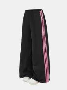SHEIN Tween Girl Tween Girl Tween Girl Tween Girls Black Contrast Pink Webbing Loose Long Pants, Spring/Summer New Versatile Casual Streetwear - Black - View 7