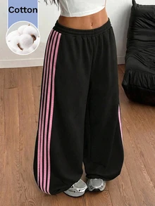 SHEIN Tween Girl Tween Girl Tween Girl Tween Girls Black Contrast Pink Webbing Loose Long Pants, Spring/Summer New Versatile Casual Streetwear - Black - View 2
