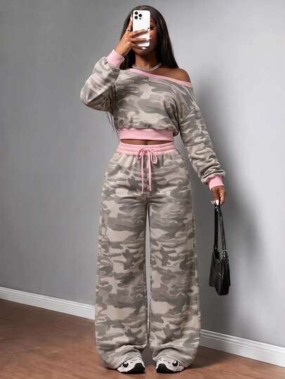 Slaydiva New Fall/Winter Women's Striped One-Shoulder Fashion Cropped Top And Drawstring Waist Loose Casual Pants 2pcs/Streetwear/Going Out/Y2k/CAMO
