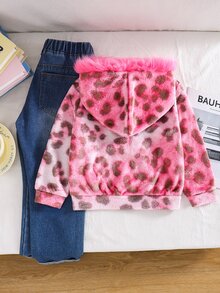 SHEIN 女童休閒冬季連帽針織豹紋人造毛領衛衣，適合秋季 - 粉色 - 查看 4