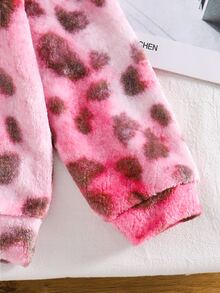 SHEIN 女童休閒冬季連帽針織豹紋人造毛領衛衣，適合秋季 - 粉色 - 查看 5