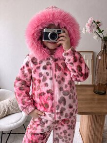 SHEIN 女童休閒冬季連帽針織豹紋人造毛領衛衣，適合秋季 - 粉色 - 查看 2