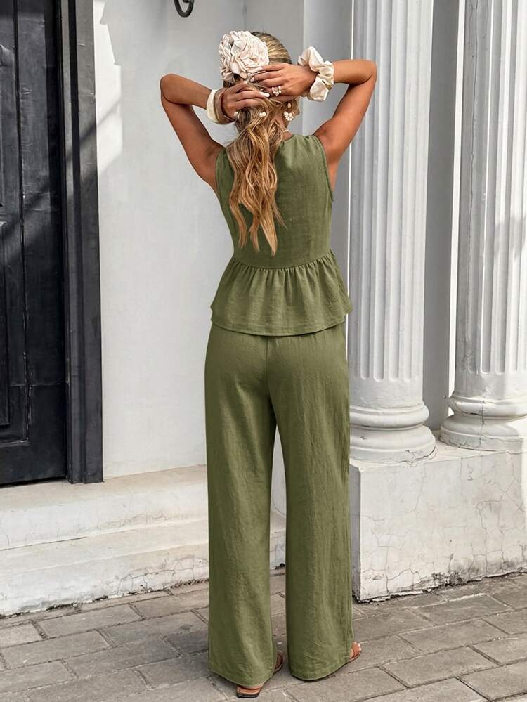 Serisse Casual Minimalist Army Green Tank Top And Long Pants Women's 2 Pieces Set Suitable For Summer - Army Green - View 2