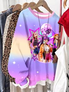 Purple Colorful Gradient Print, Star & Diamond Dreamy Pattern, Young Girl Casual Minimalist Thick Soft Comfortable Crew Neck Pullover Sweatshirt, Suitable For Autumn/Winter, Y2K, Outings, Street Style - Multicolor - View 3