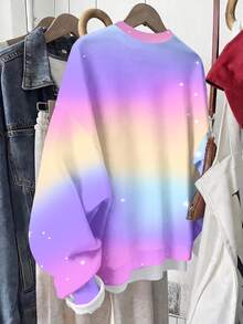 Purple Colorful Gradient Print, Star & Diamond Dreamy Pattern, Young Girl Casual Minimalist Thick Soft Comfortable Crew Neck Pullover Sweatshirt, Suitable For Autumn/Winter, Y2K, Outings, Street Style - Multicolor - View 2