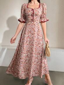 Mulvari 女式泡泡袖碎花连衣裙，撞色边，超长款女士装长款晚礼服 - 粉色 - 查看 5