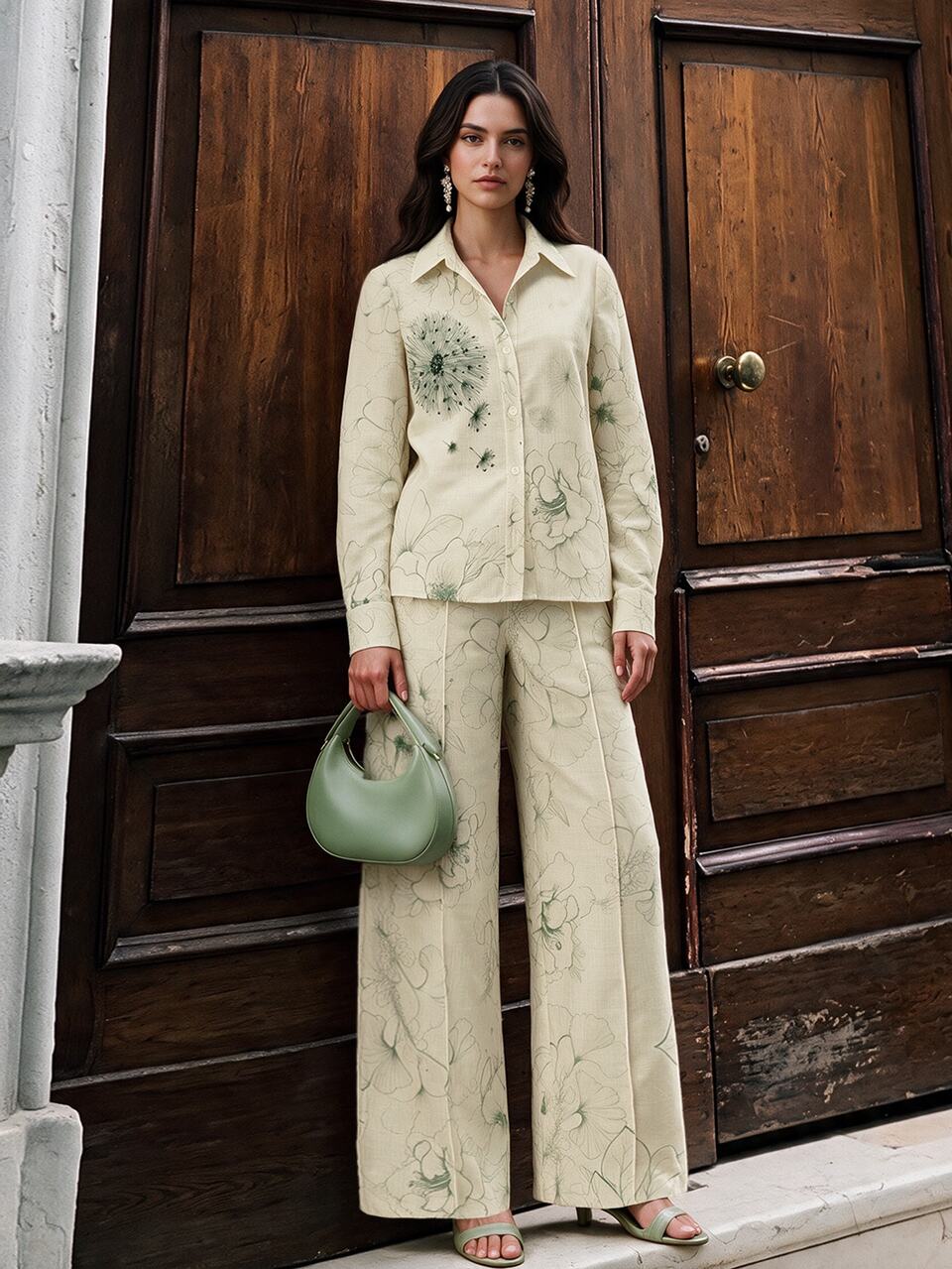 Anewsta Women's Sage Green Summer Elegant Vacation 2-Piece Set,Long Sleeve Floral Button-Up Shirt&Loose Straight Leg Pants With Green Rhinestones