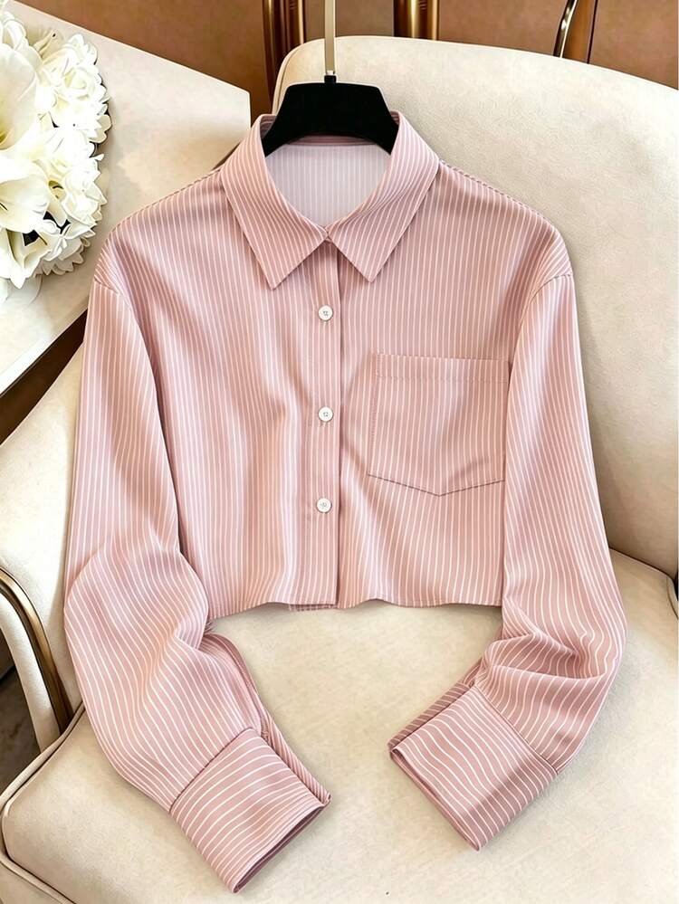 GlowEve Women's Striped Long Sleeve Single-Breasted Casual Pocket Short Shirt - Coral Pink - View 1