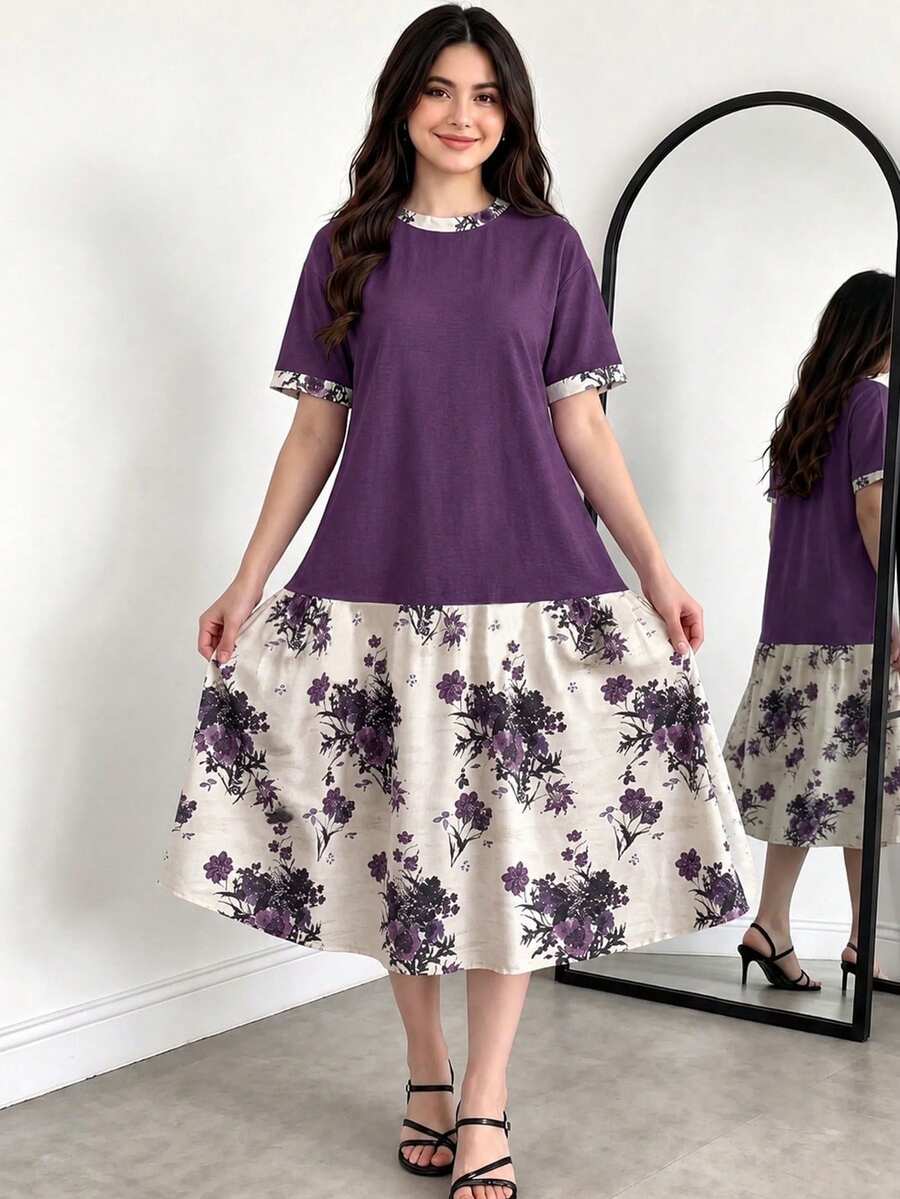 Teen Girl Casual Elegant Minimalist Short Sleeve Mid-Length Dress, Suitable For Spring And Summer Dinner Pink Primary School - Multicolor - View 1