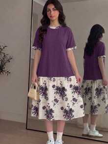 Teen Girl Casual Elegant Minimalist Short Sleeve Mid-Length Dress, Suitable For Spring And Summer Dinner Pink Primary School - Multicolor - View 4